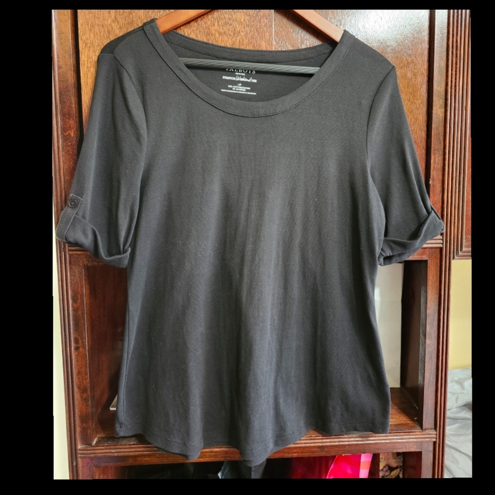 Talbots Size Large Petite Black Weekend Tee Shirt Roll Tab Sleeve Top●
